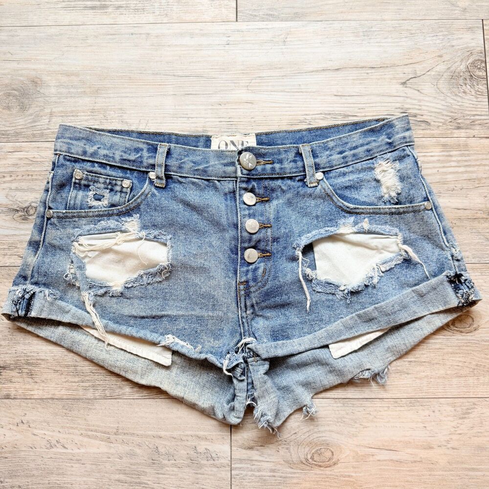 One Teaspoon Bandit Denim Shorts Size 32 Distressed Light Wash Cutoff Jean Short